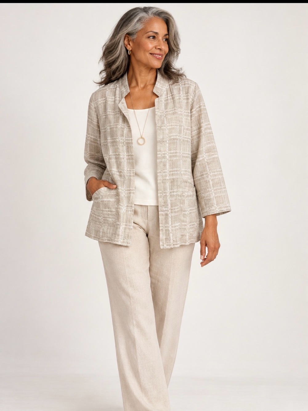 Eileen Fisher Organic Cotton Linen Plaid Open Front Jacket S/P
